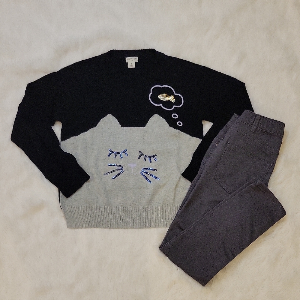 JCrew Crewcuts Girls Kitty Sweater And Jeans Outfit Gray/Black Size 8